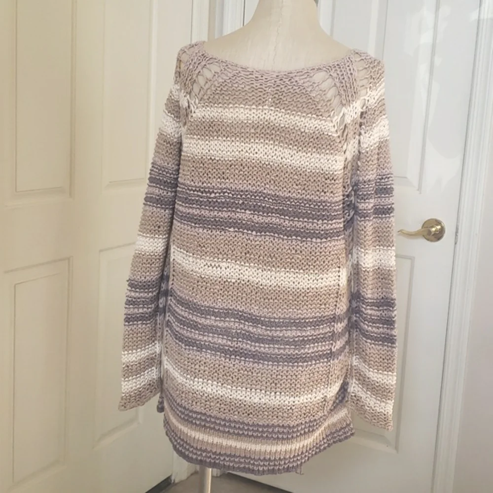 Free People Desert Moon Sweater Sand Striped Open Knit Pullover Wide Neck MEDIUM